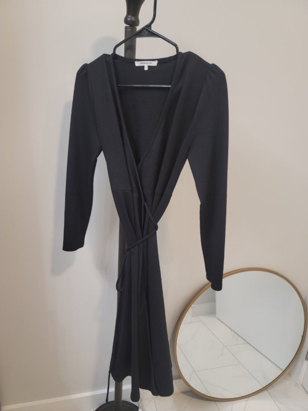 Emerson Fry Ballet wrap midi knee length long sleeve fall Dress Black Ponte Xs